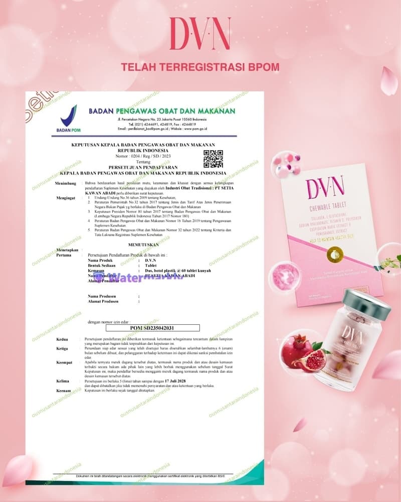 Persetujuan pendaftaran D.V.N, POM SD235042031, untuk 60 tablet kunyah