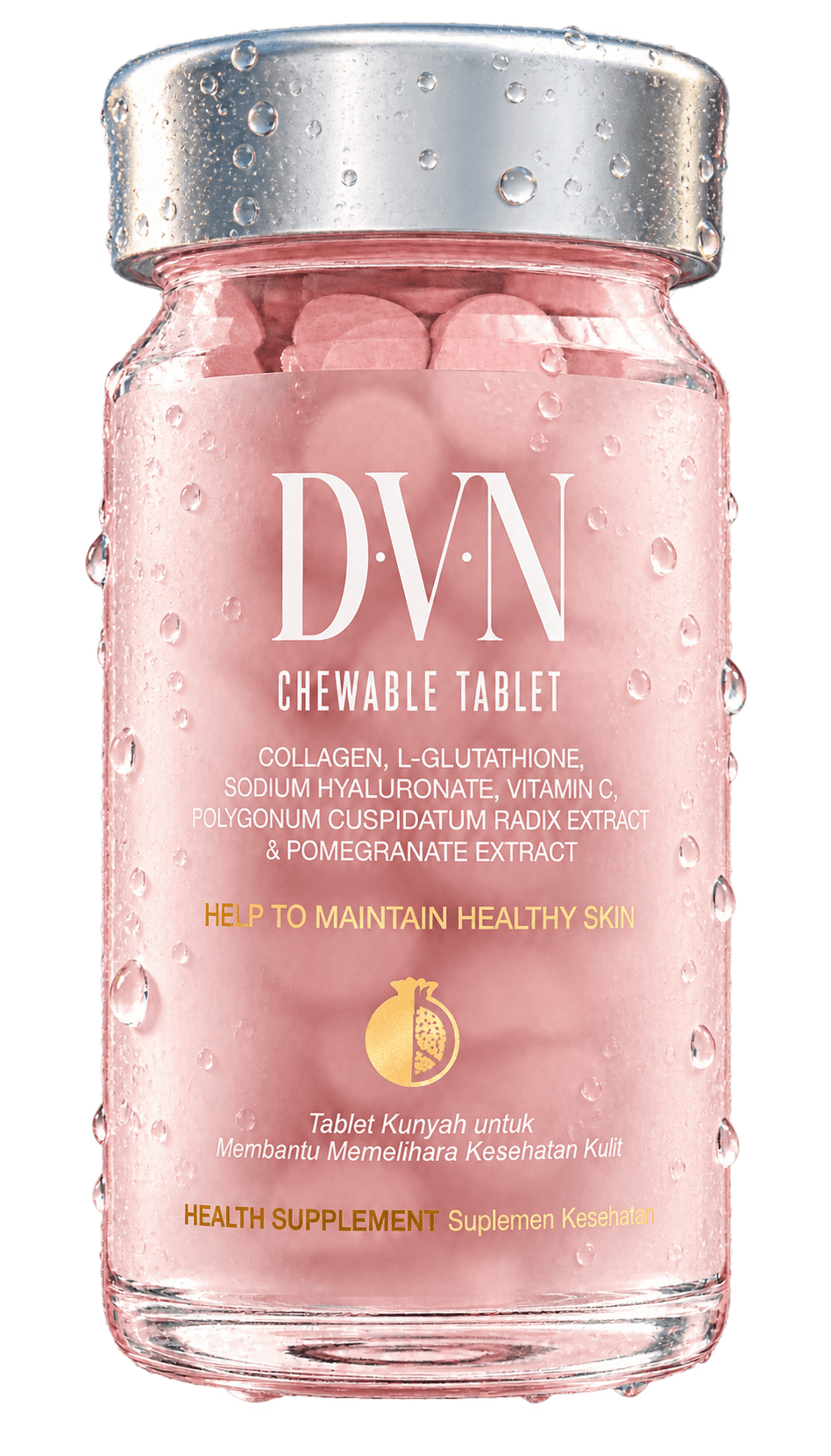 Botol DVN dengan tutup perak, tablet pink dan tetes embun di permukaan kaca