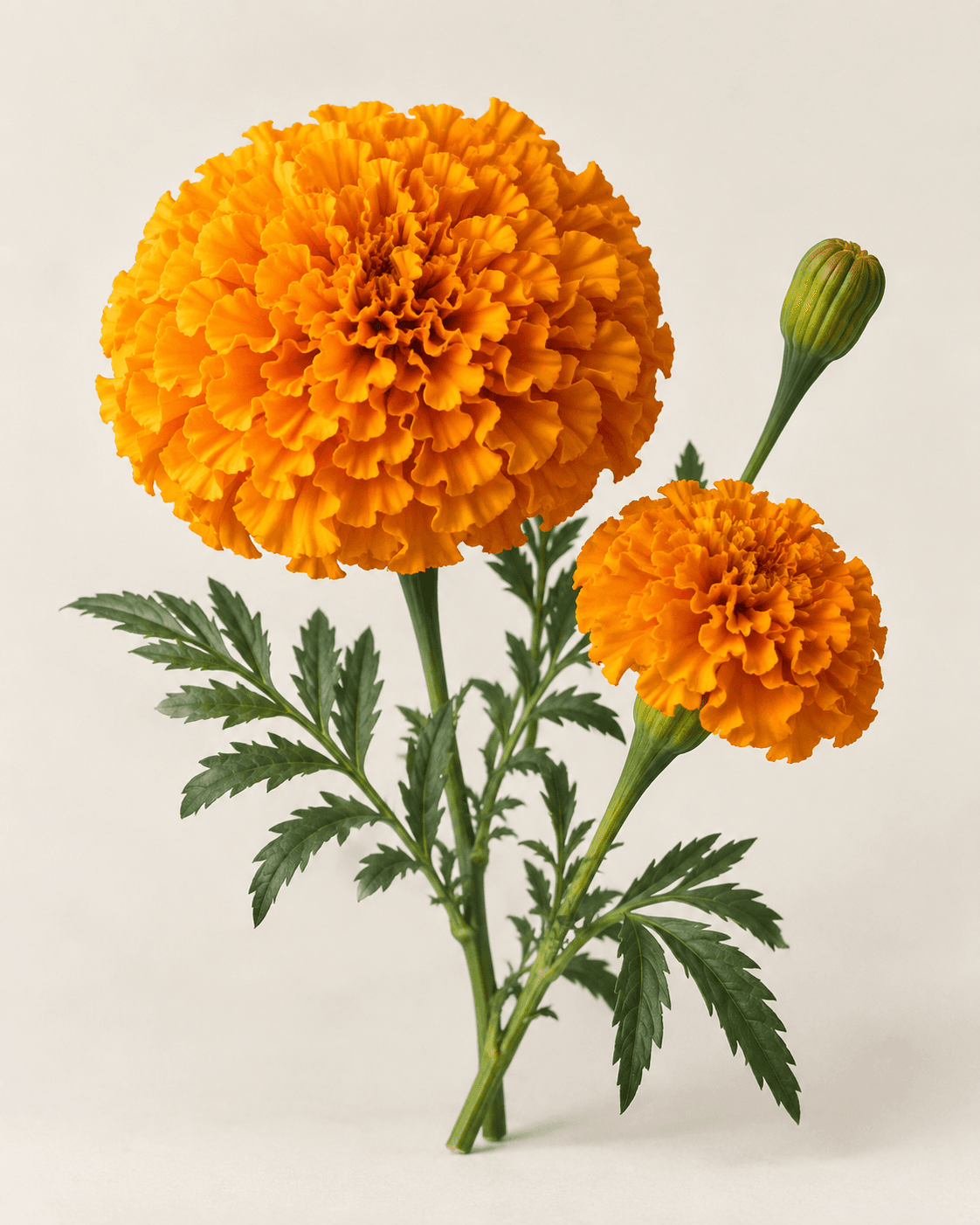 Bunga marigold oranye dengan kelopak berlapis, kuncup, dan daun.