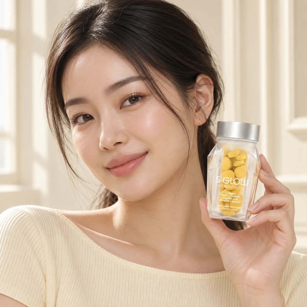 Perempuan berbaju krem memegang botol S-Glow di samping wajah dengan latar ivory