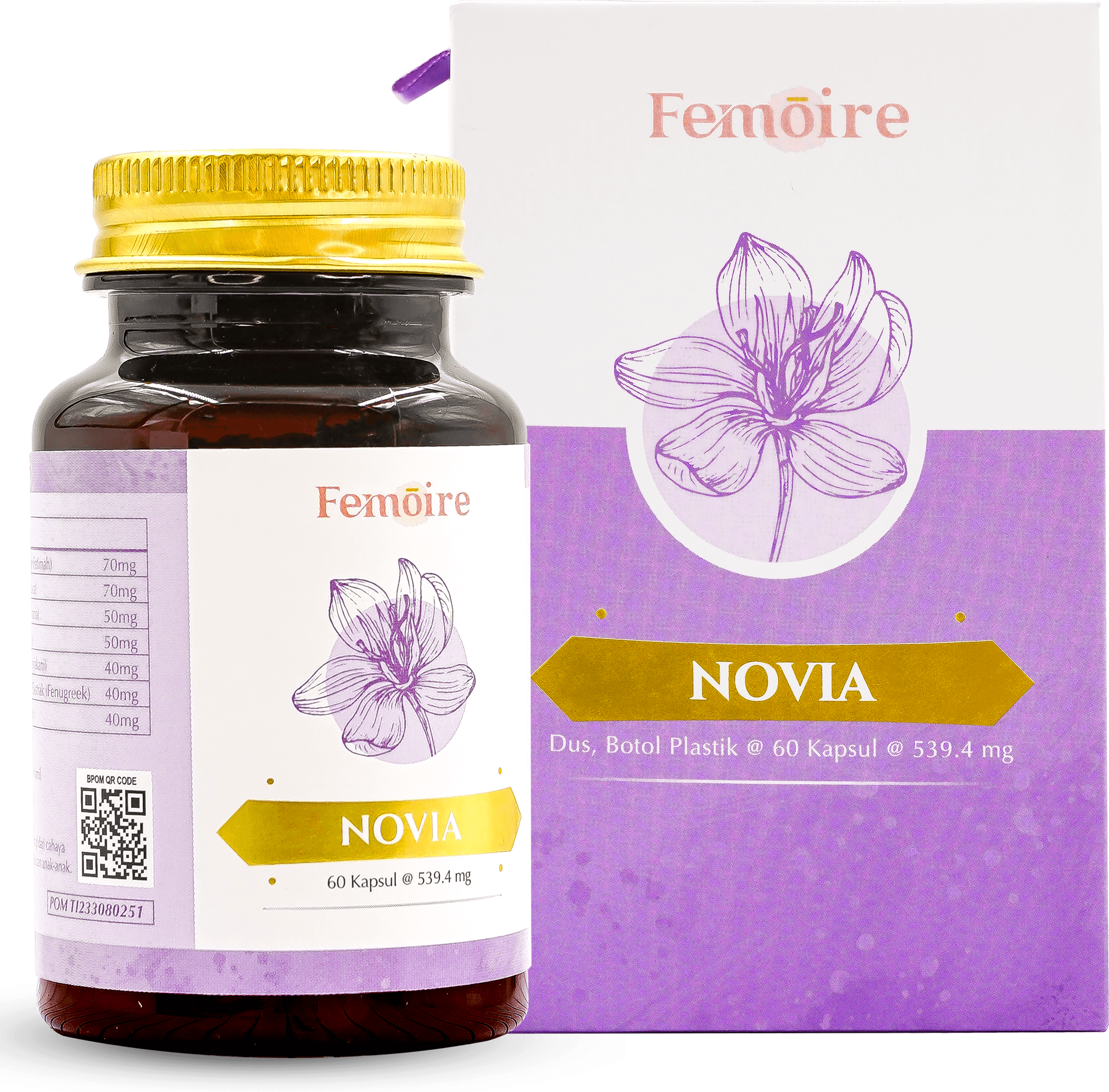 Botol dan box Femoire Novia, isi 60 kapsul