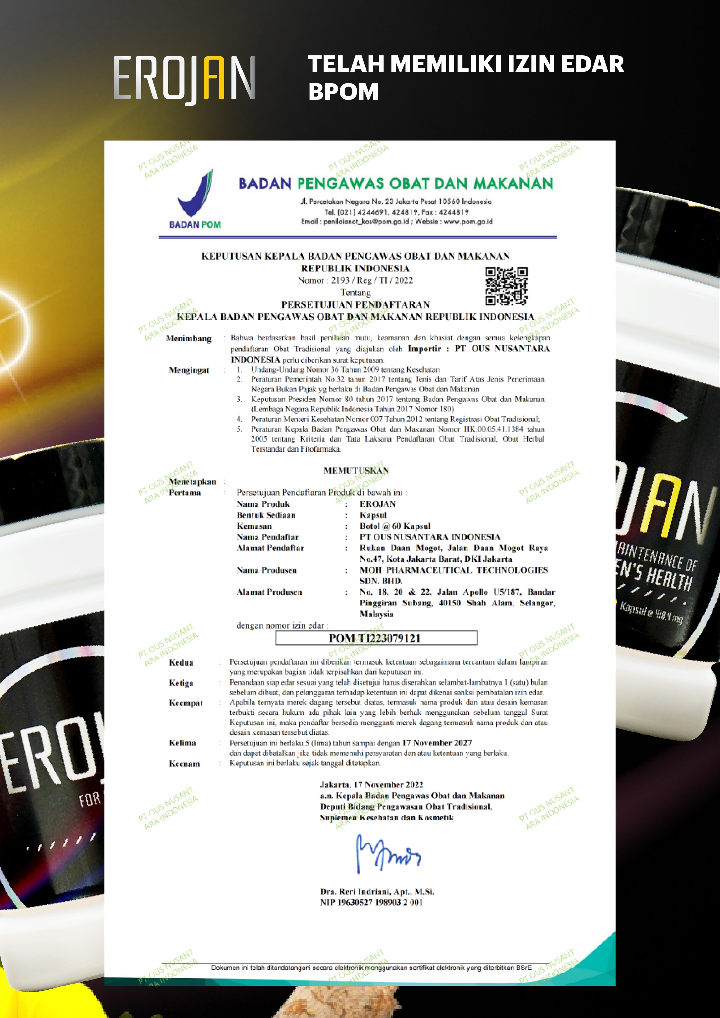 Persetujuan pendaftaran Erojan, POM TI223079121, botol berisi 60 kapsul, berlaku hingga 17 November 2027