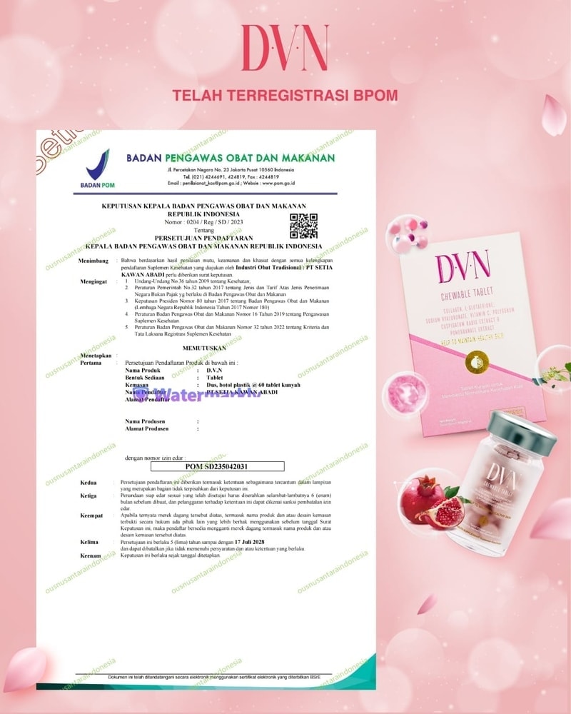 Persetujuan pendaftaran D.V.N, POM SD235042031, untuk dus berisi 60 tablet kunyah