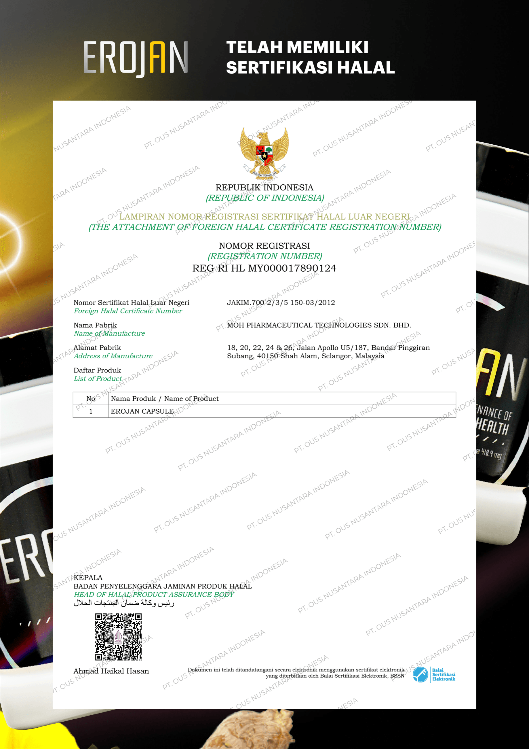 Lampiran REG RI HL MY000017890124 yang mencantumkan EROJAN CAPSULE