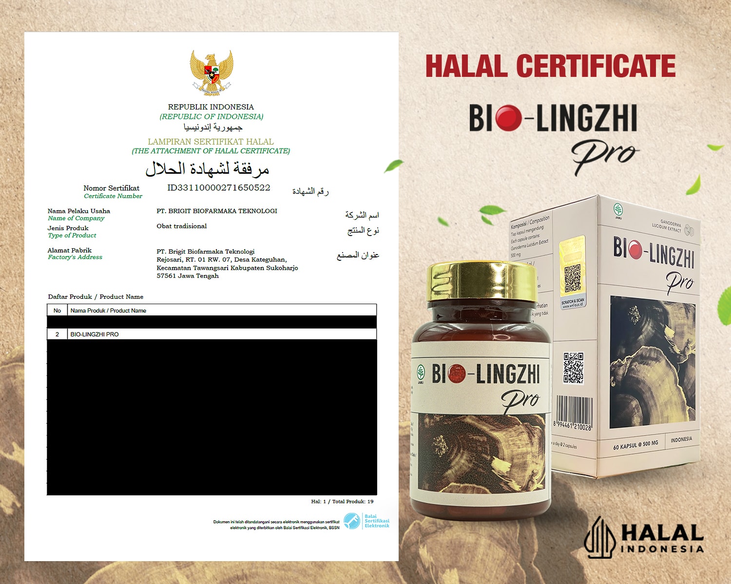 Lampiran sertifikat halal ID33110000271650522 milik PT Brigit Biofarmaka Teknologi yang mencantumkan Bio-Lingzhi Pro