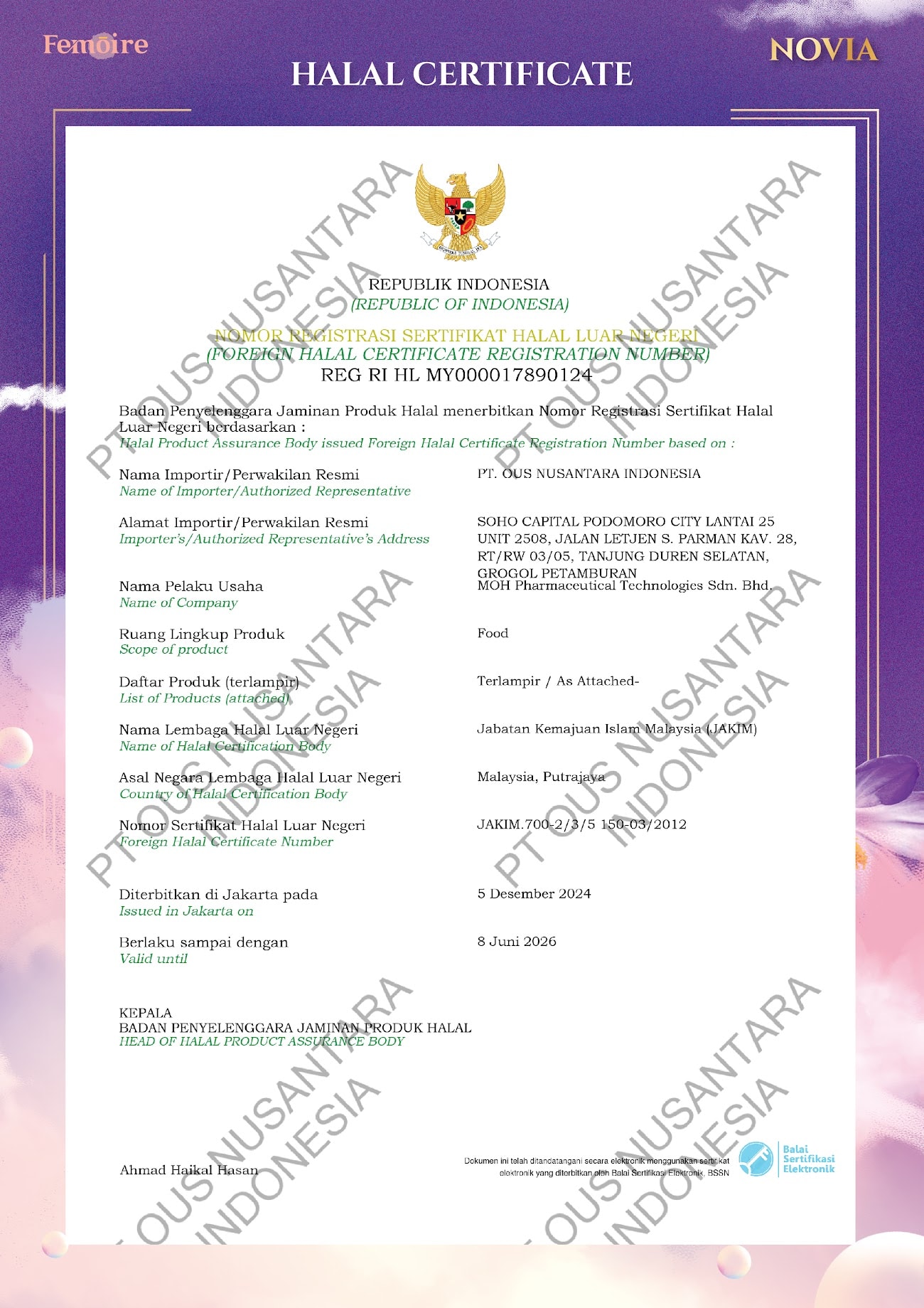 Salinan registrasi sertifikat halal luar negeri REG RI HL MY000017890124, terbit 5 Desember 2024