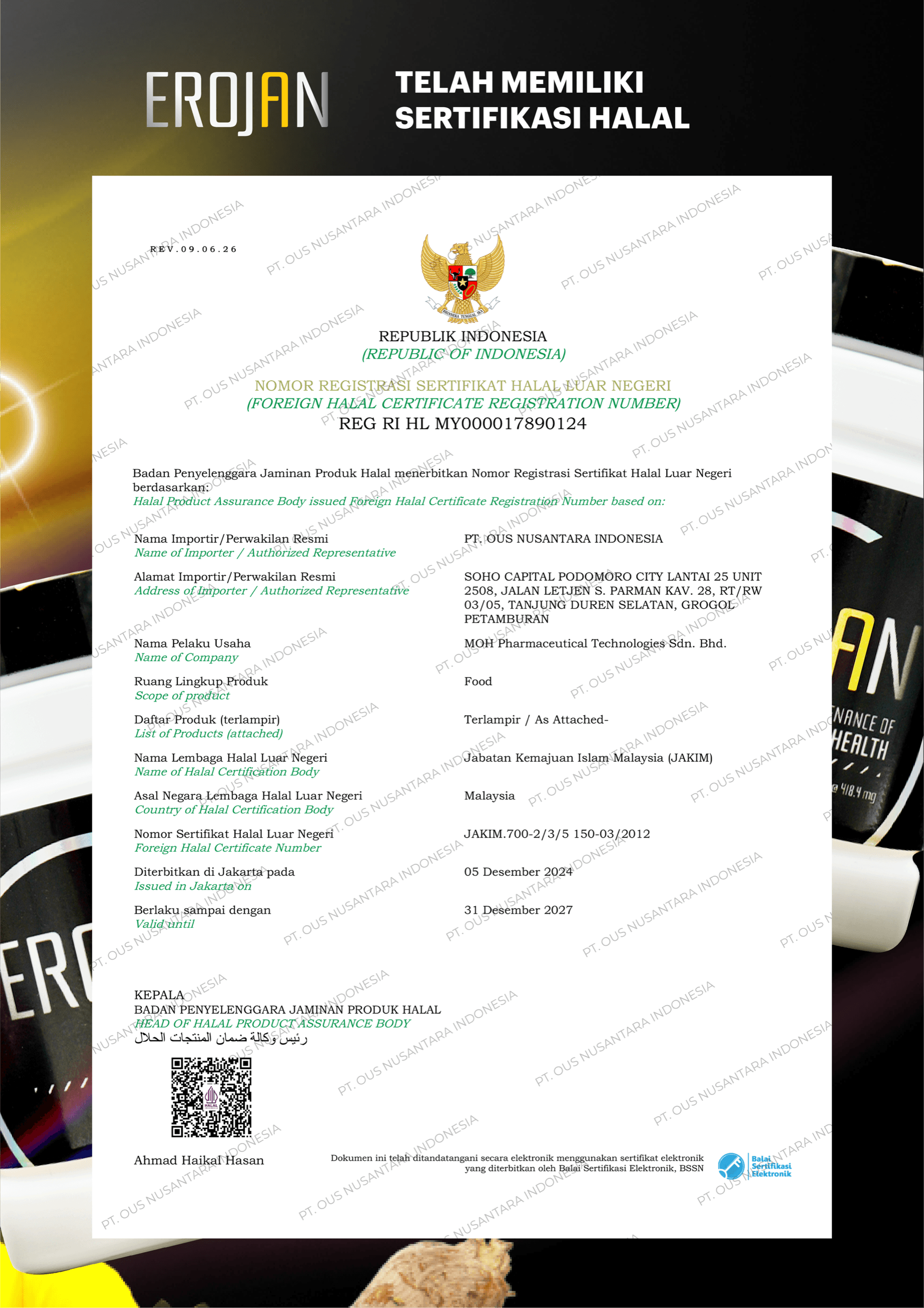 Registrasi sertifikat halal luar negeri Erojan, REG RI HL MY000017890124, berlaku hingga 31 Desember 2027