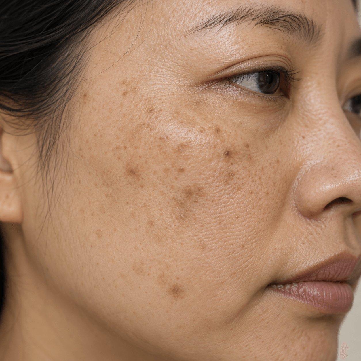 Ilustrasi close-up kulit pipi dengan flek sebagai contoh masalah kulit, bukan foto hasil pemakaian DVN.
