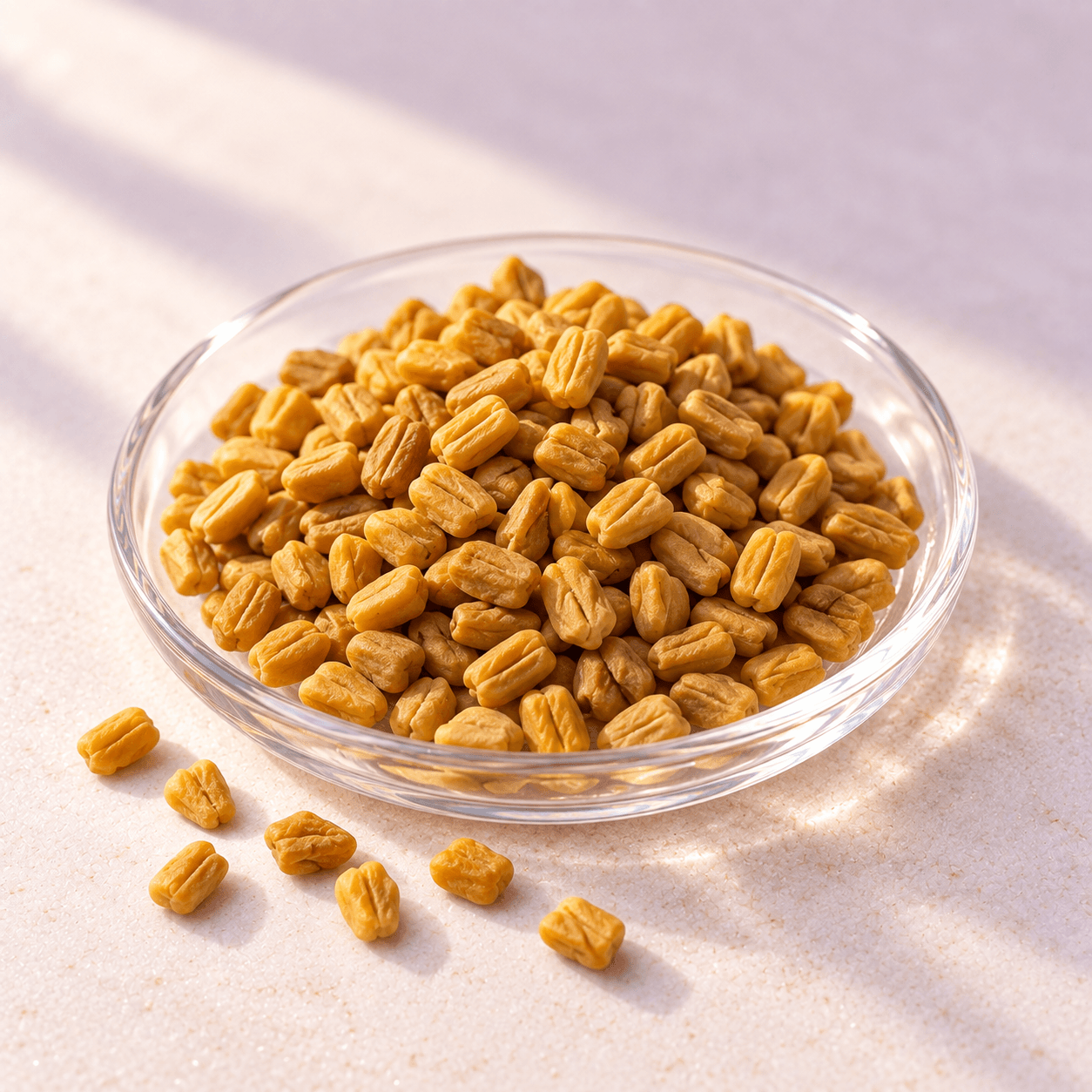 Ilustrasi fotografis biji Fenugreek berwarna keemasan dalam mangkuk kaca bening di atas batu ivory dengan latar lilac.