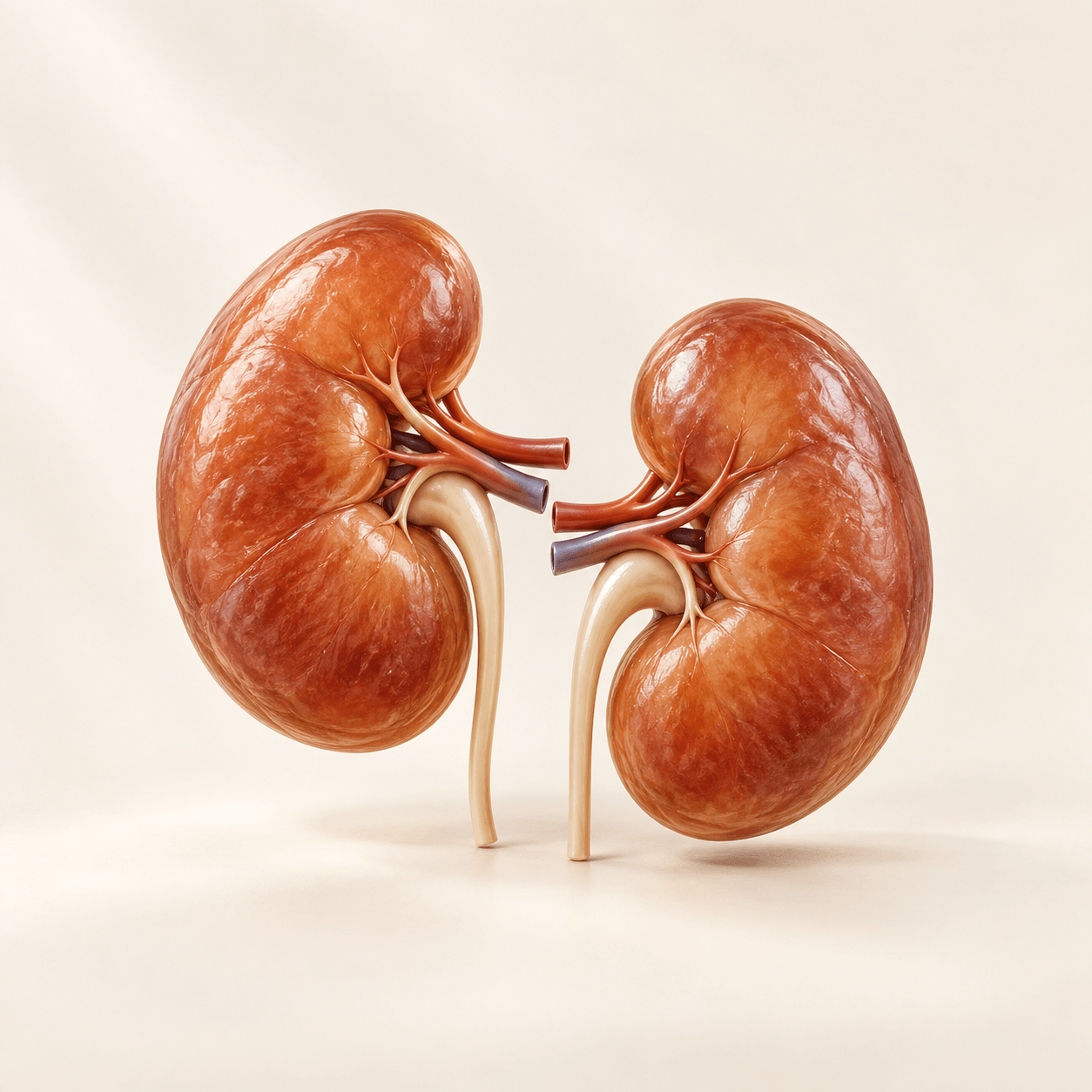 Ilustrasi konseptual sepasang ginjal bernuansa amber untuk pembahasan fungsi ginjal dan metabolisme.