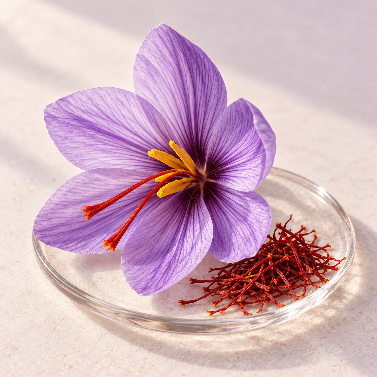 Ilustrasi fotografis bunga saffron ungu dengan putik merah dan benang saffron di atas piring kaca bening.