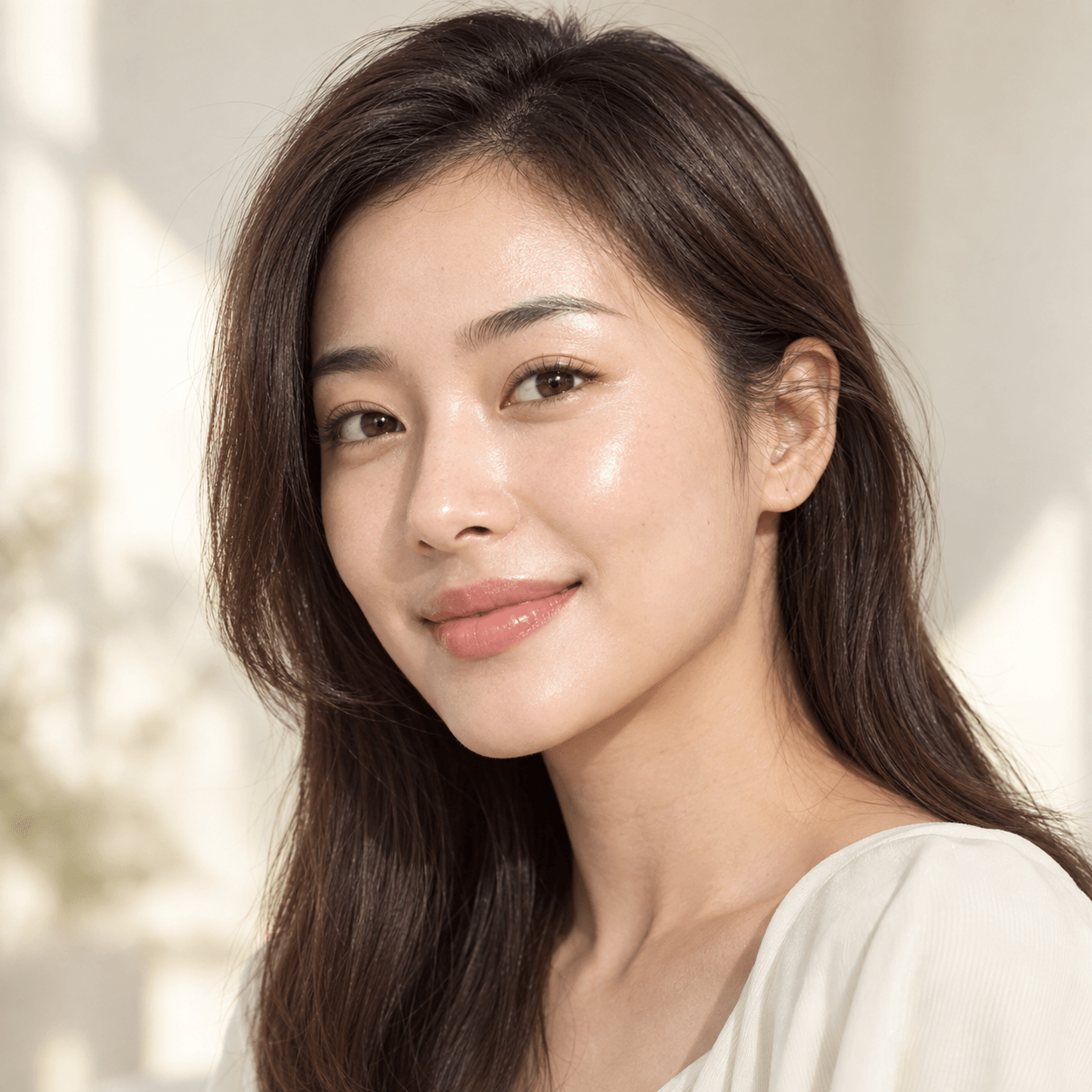 Potret wanita Asia dengan kulit yang tampak terawat dan bercahaya alami.