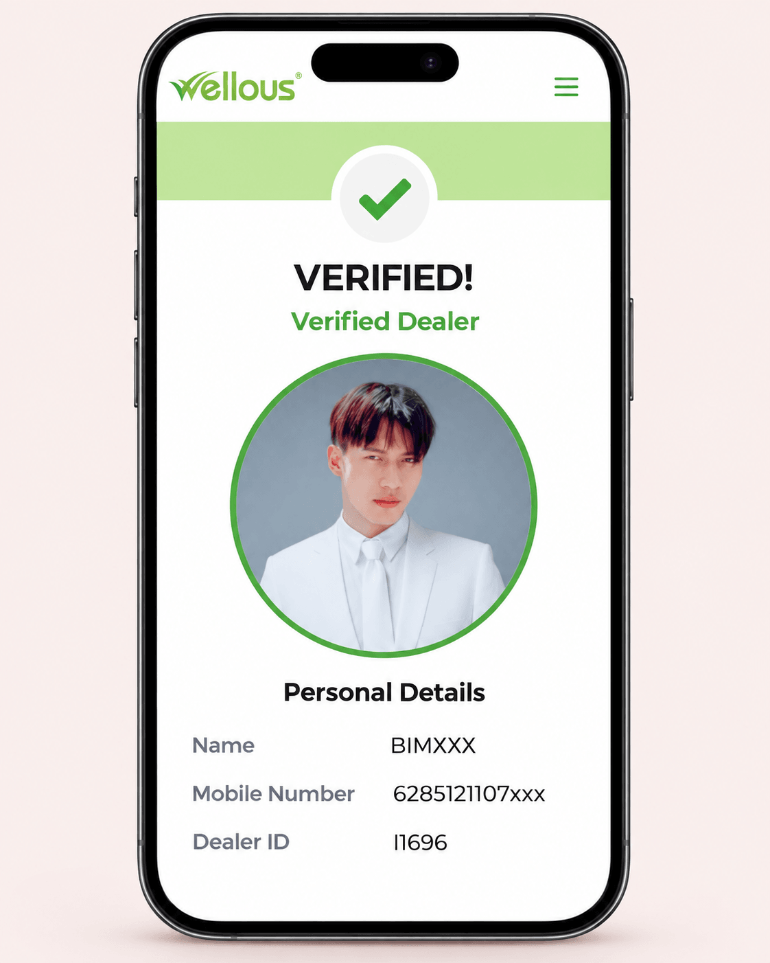 Desain profil verifikasi Wellsbeautycare di dalam HP, dengan foto distributor dan Dealer ID I1696