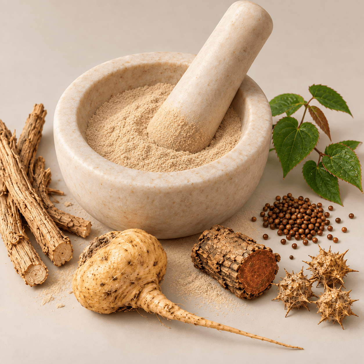 Ilustrasi enam bahan herbal Erojan dengan mortar, penumbuk, dan serbuk herbal.