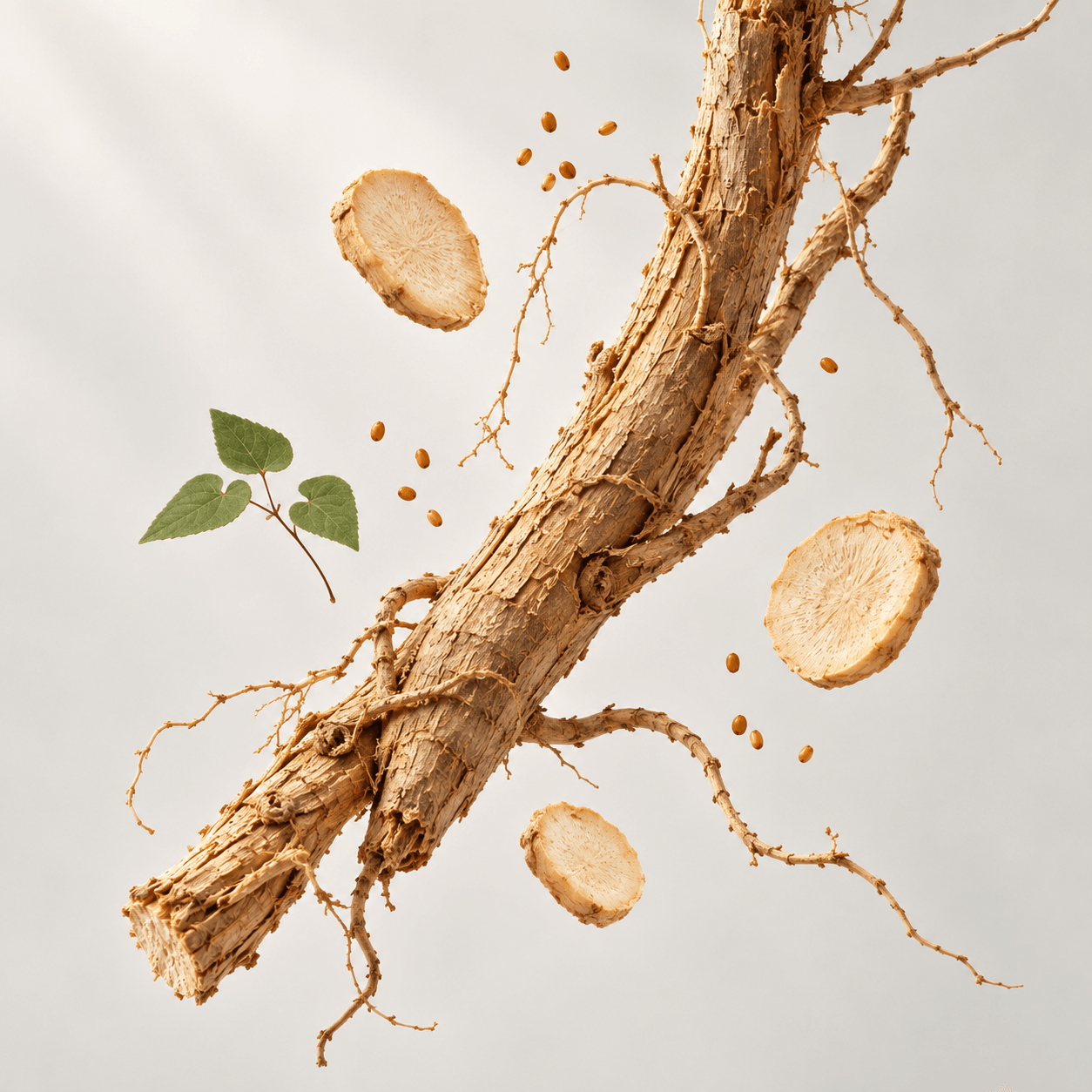 Ilustrasi fotografis akar Tongkat Ali dengan irisan Maca, daun Epimedium, dan biji Cuscuta.