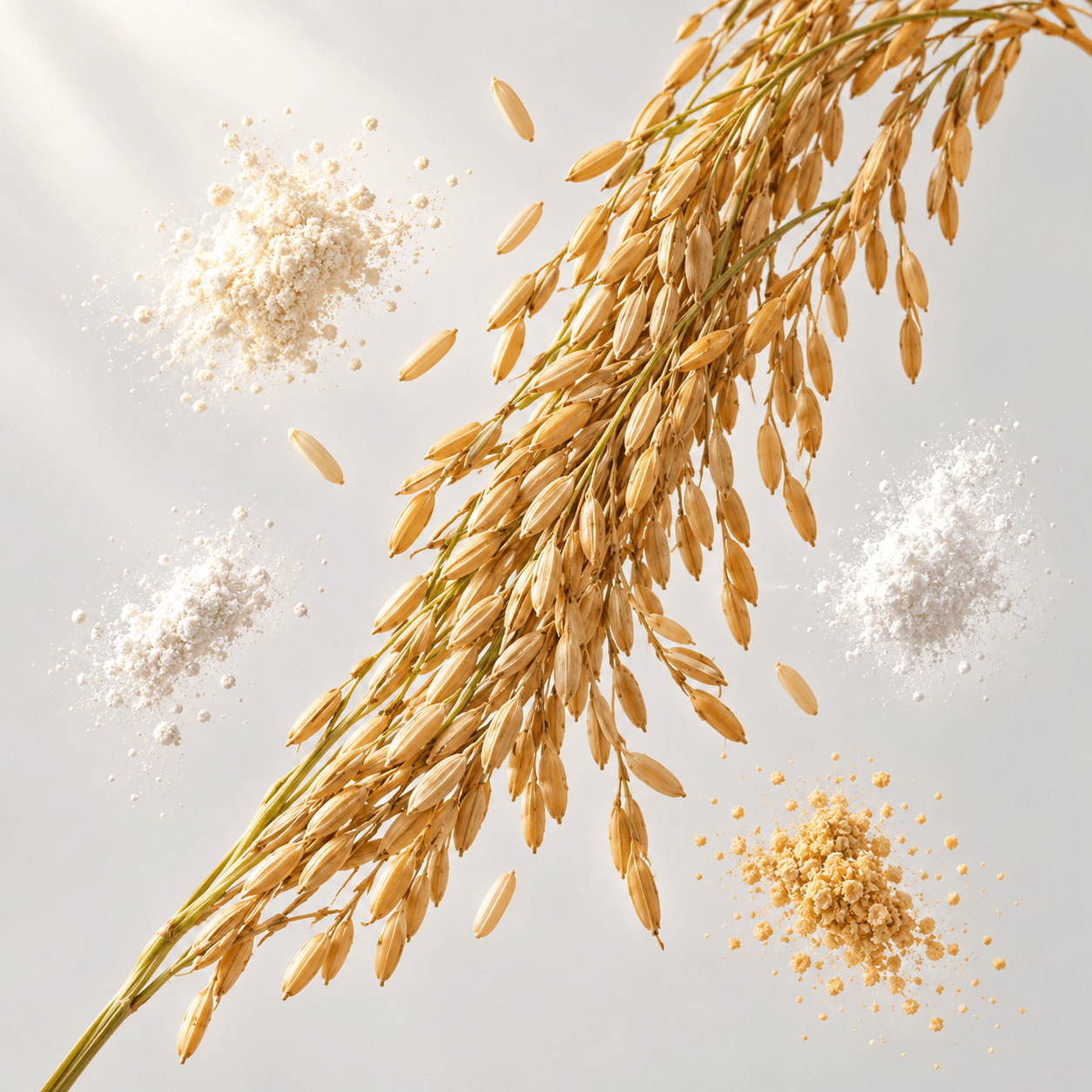 Ilustrasi bahan S-Glow melayang: bulir padi untuk rice germ, dikelilingi partikel yang mewakili kolagen peptida, vitamin C, L-Cysteine, dan nutritional yeast.