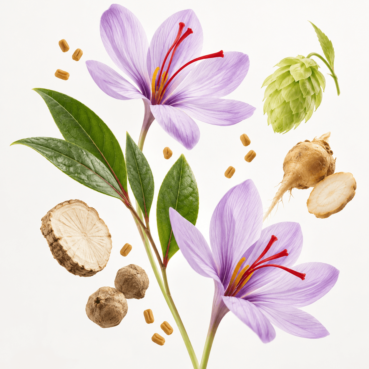 Ilustrasi fotografis bahan Novia: bunga saffron ungu, daun Kacip Fatimah, akar Maca dan Pueraria, bunga Hops, Manjakani, serta biji Fenugreek yang melayang di latar ivory.