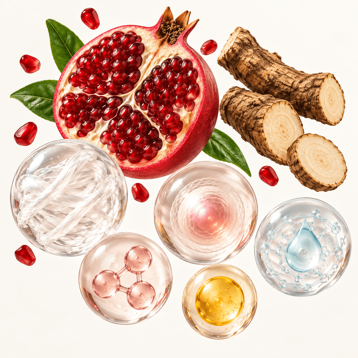 Kolase ilustrasi tujuh bahan DVN: delima dan akar knotweed Jepang yang melayang bersama lima visual simbolis kolagen ikan, collagen tripeptide, glutathione, vitamin C, dan sodium hyaluronate.