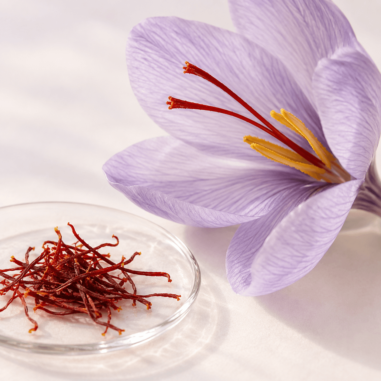 Ilustrasi fotografis bunga saffron ungu muda dengan putik merah dan benang saffron kering di atas piring kaca bening.