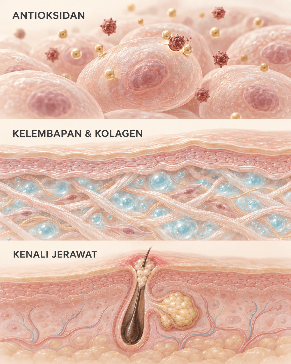 Ilustrasi konseptual antioksidan di sekitar sel, kelembapan dan jaringan kolagen pada lapisan kulit, serta pori tersumbat pada kulit rentan berjerawat.