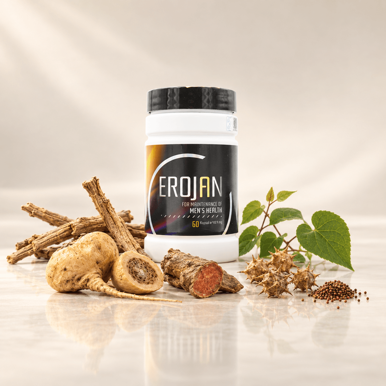 Botol Erojan dengan bahan-bahan herbal di atas permukaan ivory.