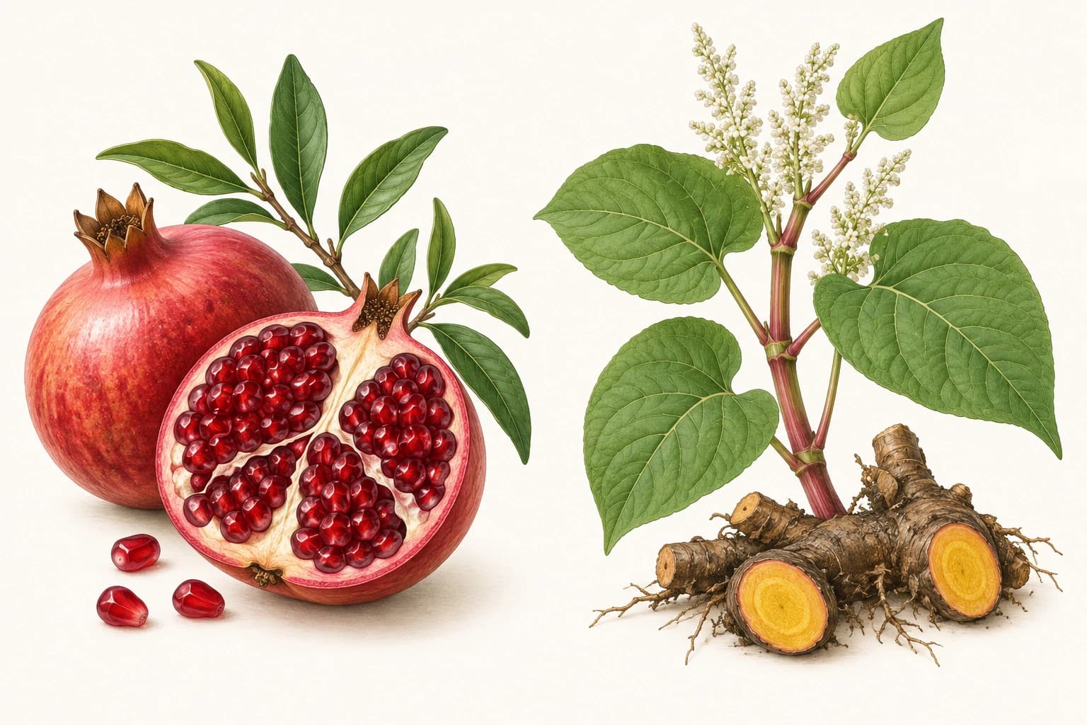 Ilustrasi botani buah delima dengan bijinya dan tanaman knotweed Jepang beserta rimpangnya.