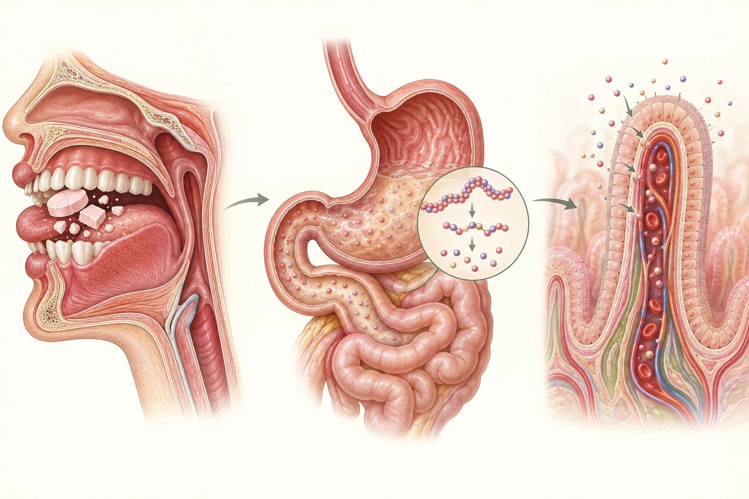 Ilustrasi tiga tahap: tablet dipecah di mulut, protein dicerna dalam lambung dan usus, kemudian zat gizi menyeberangi dinding usus menuju darah.
