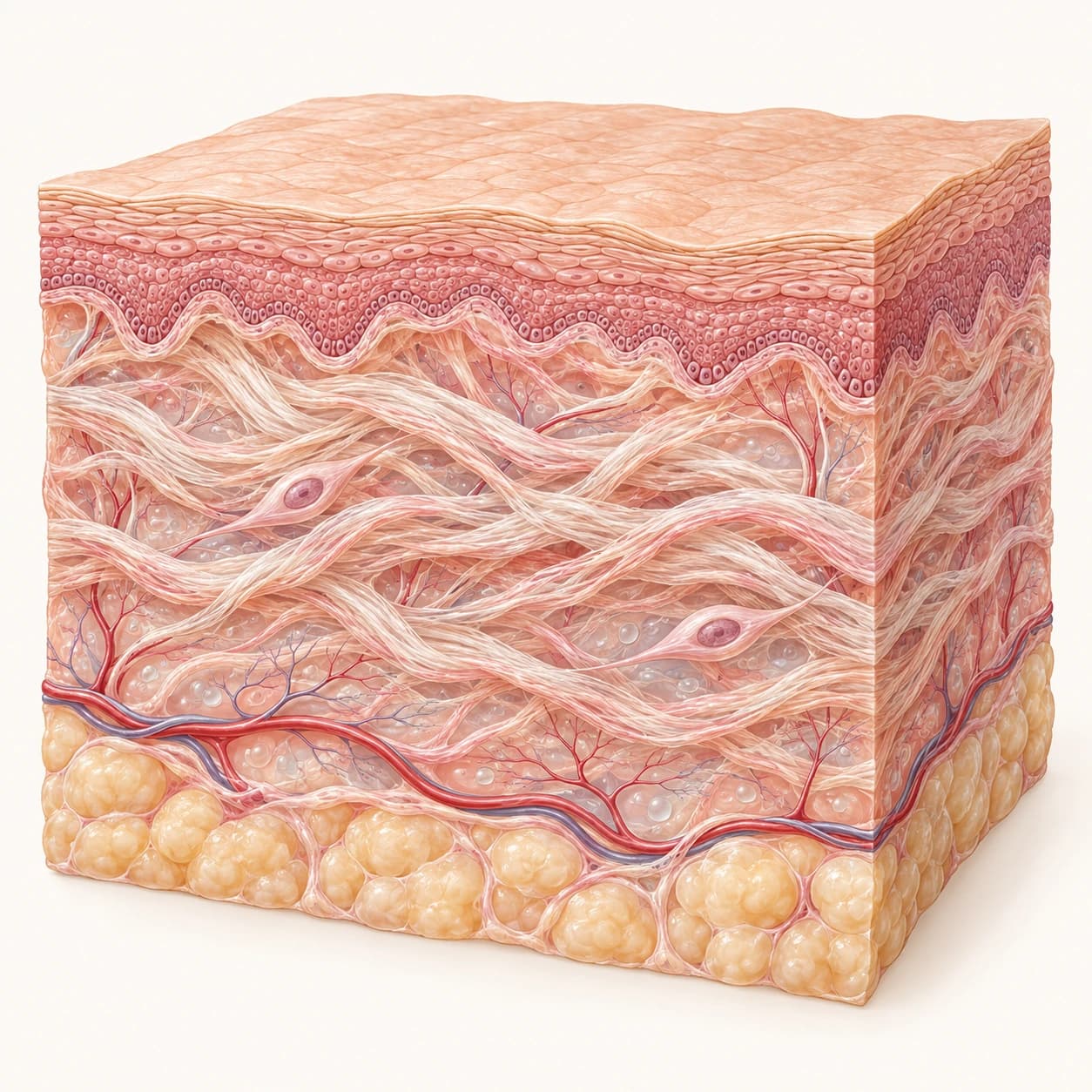 Ilustrasi penampang kulit: epidermis di atas, jaringan serat kolagen dan fibroblas di dermis, serta pembuluh darah di bawahnya.